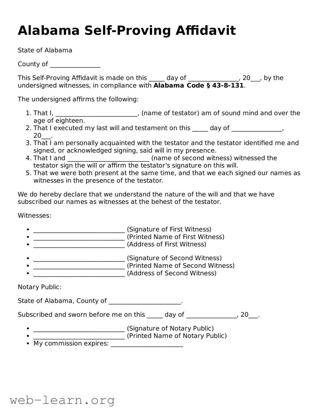 Attorney-Approved Self-Proving Affidavit Document for the State of Alabama