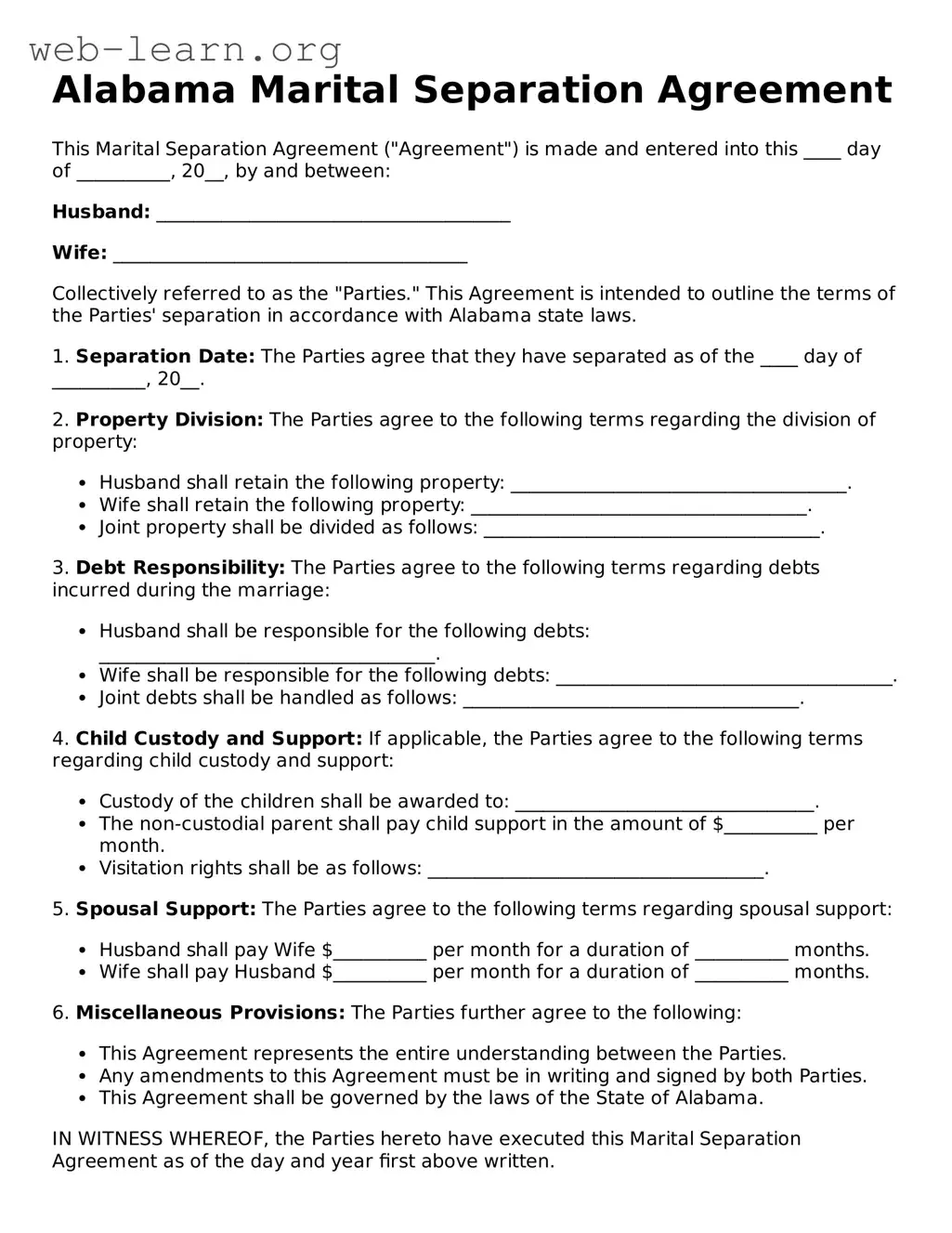 Attorney-Approved Marital Separation Agreement Document for the State of Alabama