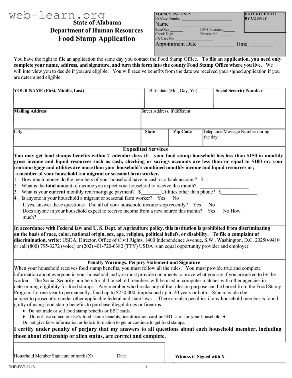 Blank Food Stamp Application Alabama Form