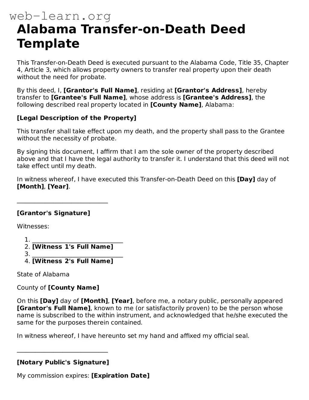 Attorney-Approved Transfer-on-Death Deed Document for the State of Alabama
