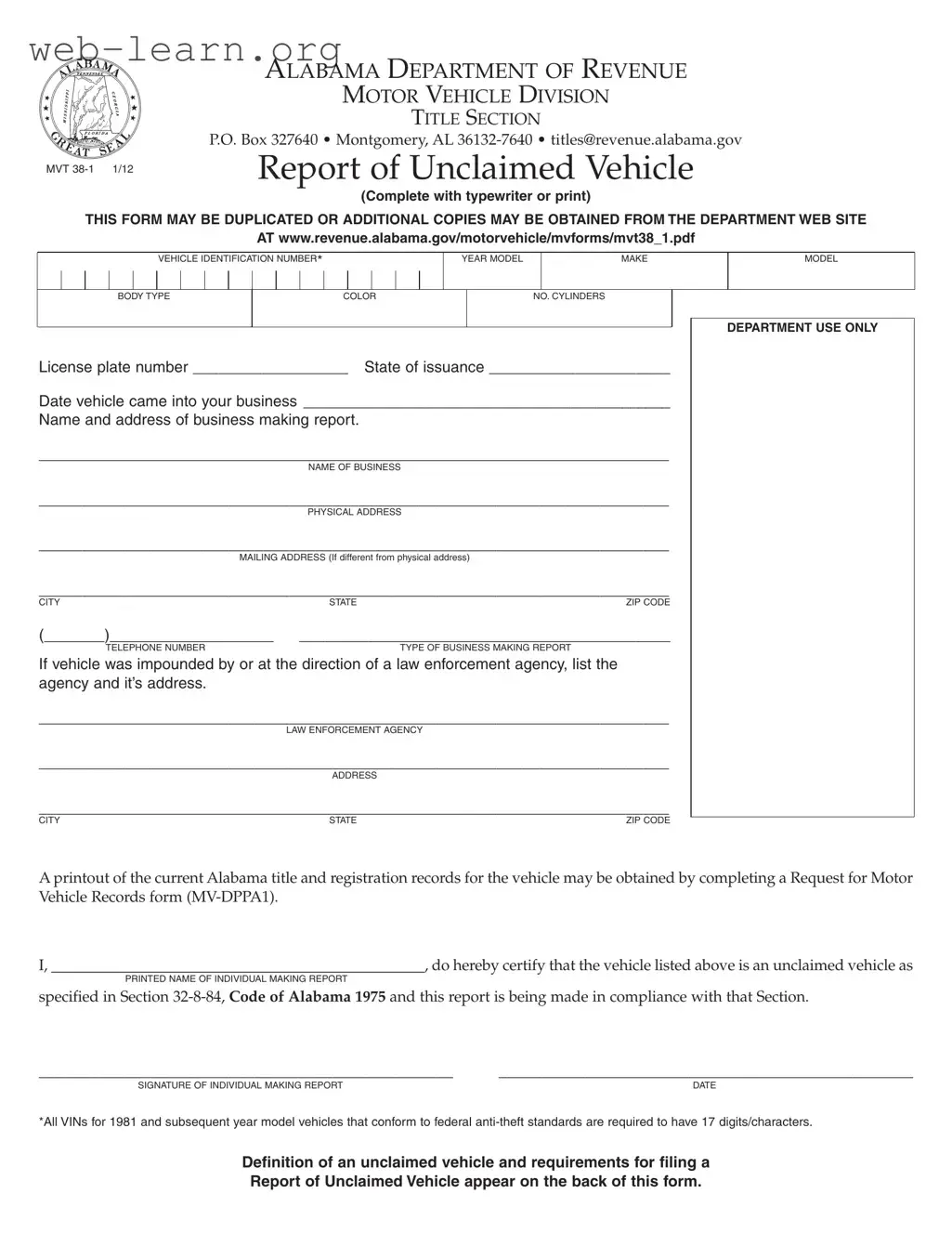 Blank Alabama Mvt 38 1 Form