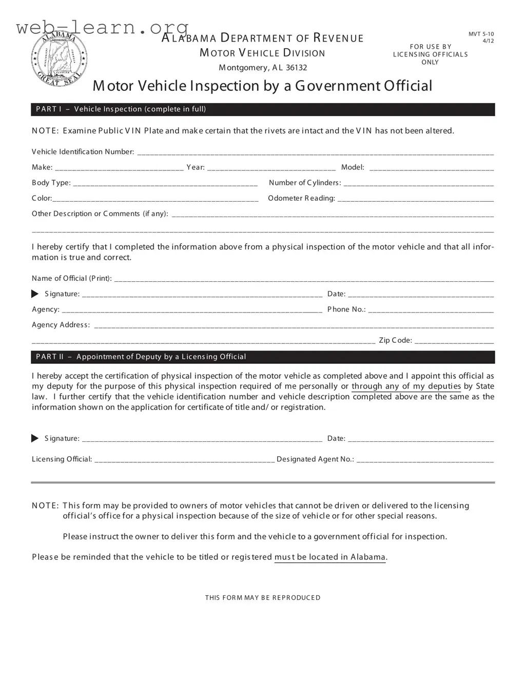 Blank Alabama Vin Inspection Form