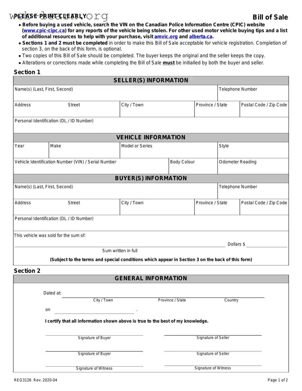 Blank Alberta Bill Sale Form