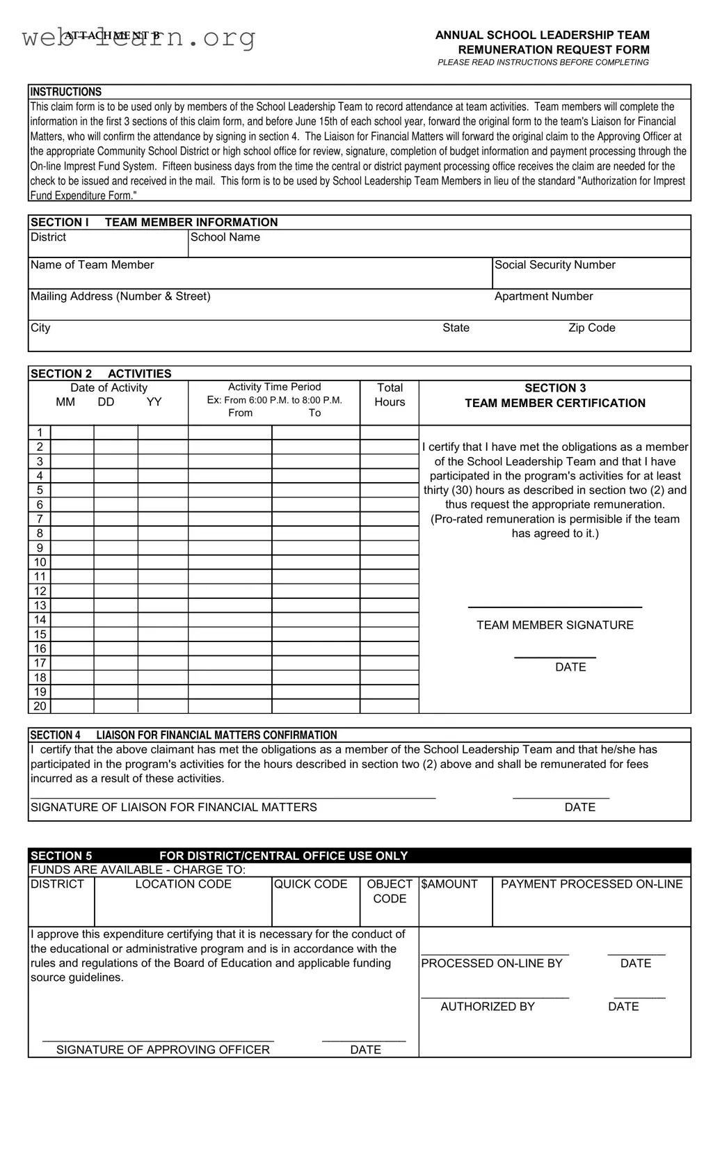 Blank Annual School Leadership Team Form