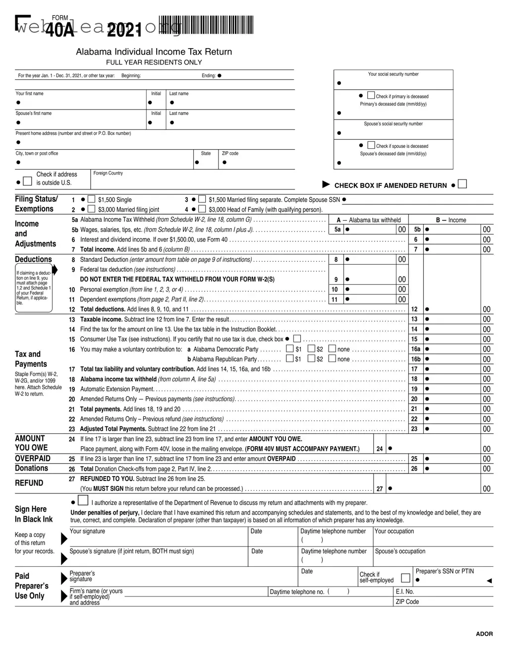 Blank Alabama State Tax Return 40A Form