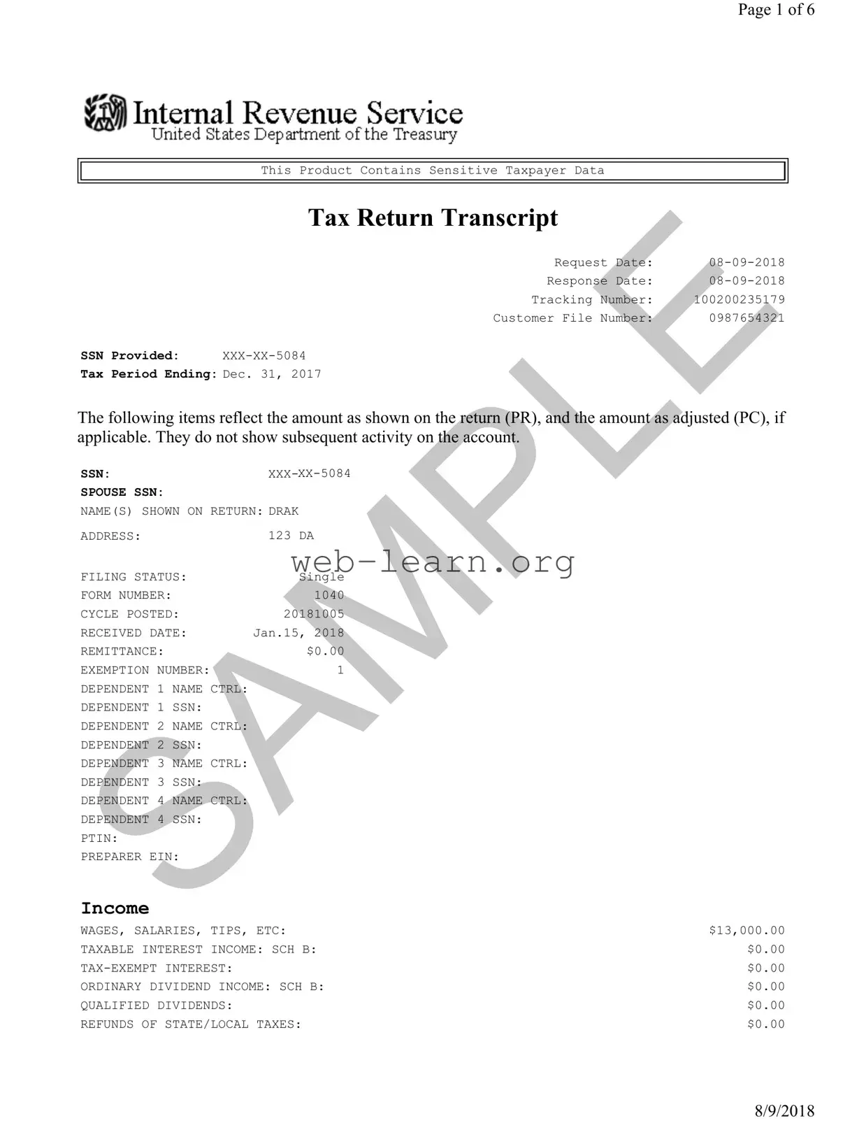 Blank Sample Tax Return Transcript Form