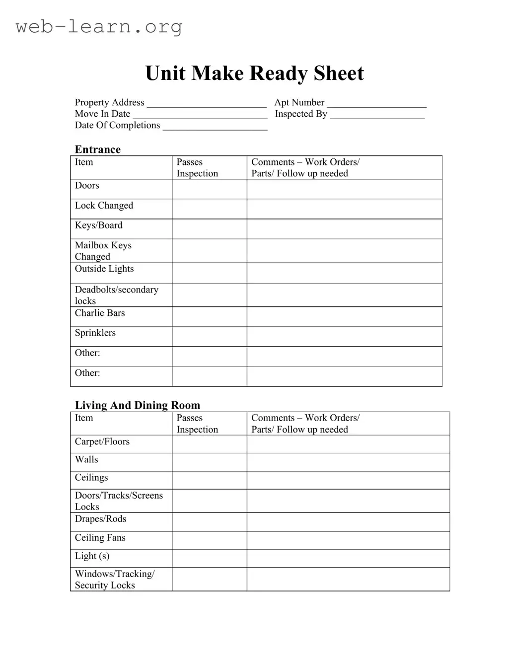 Blank Make Ready Checklist Form