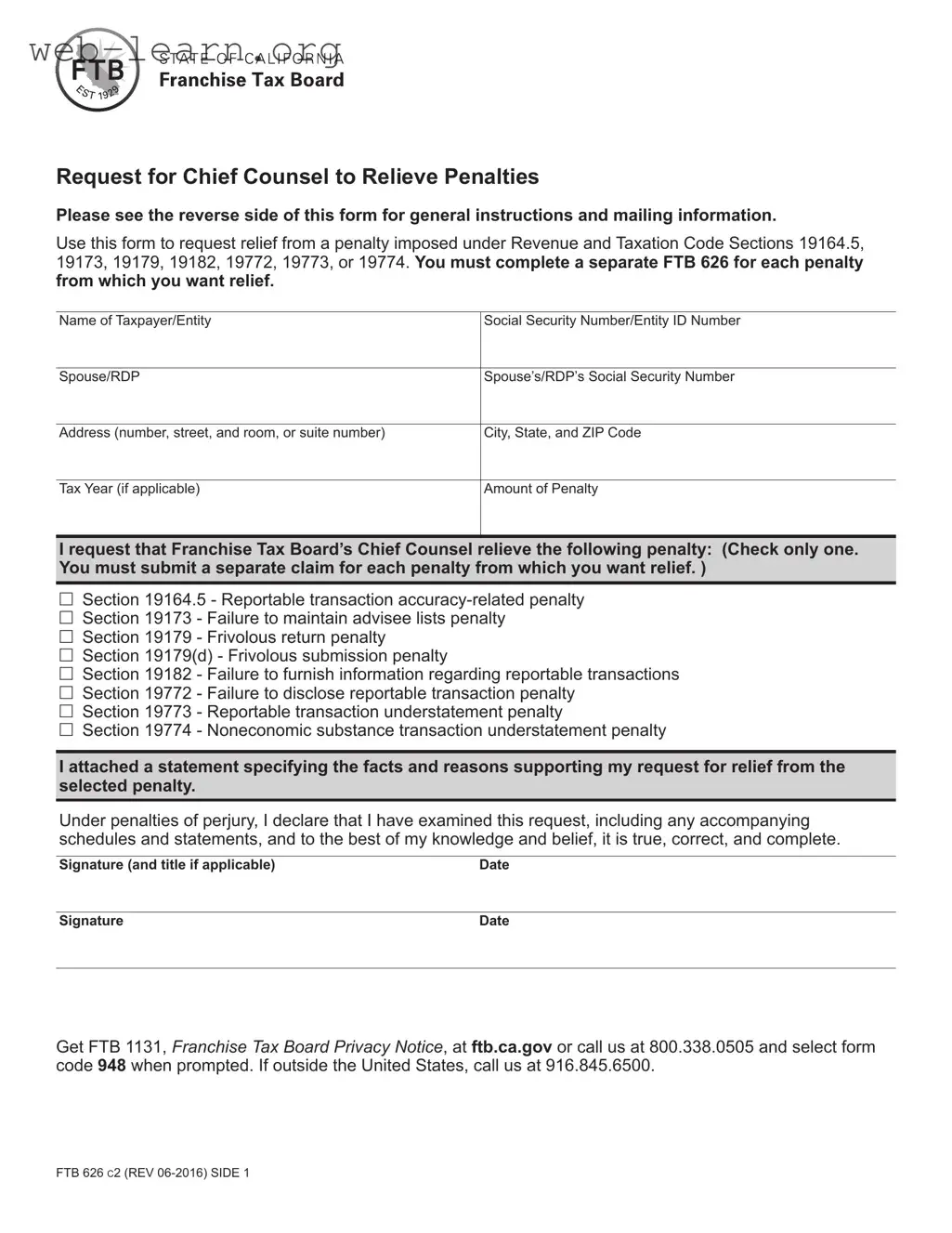 Blank California Ftb 626 Form