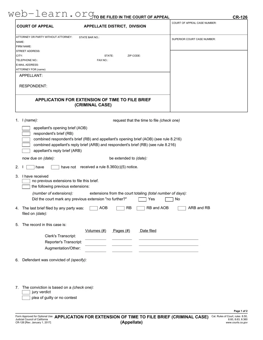 Blank California Cr 126 Form