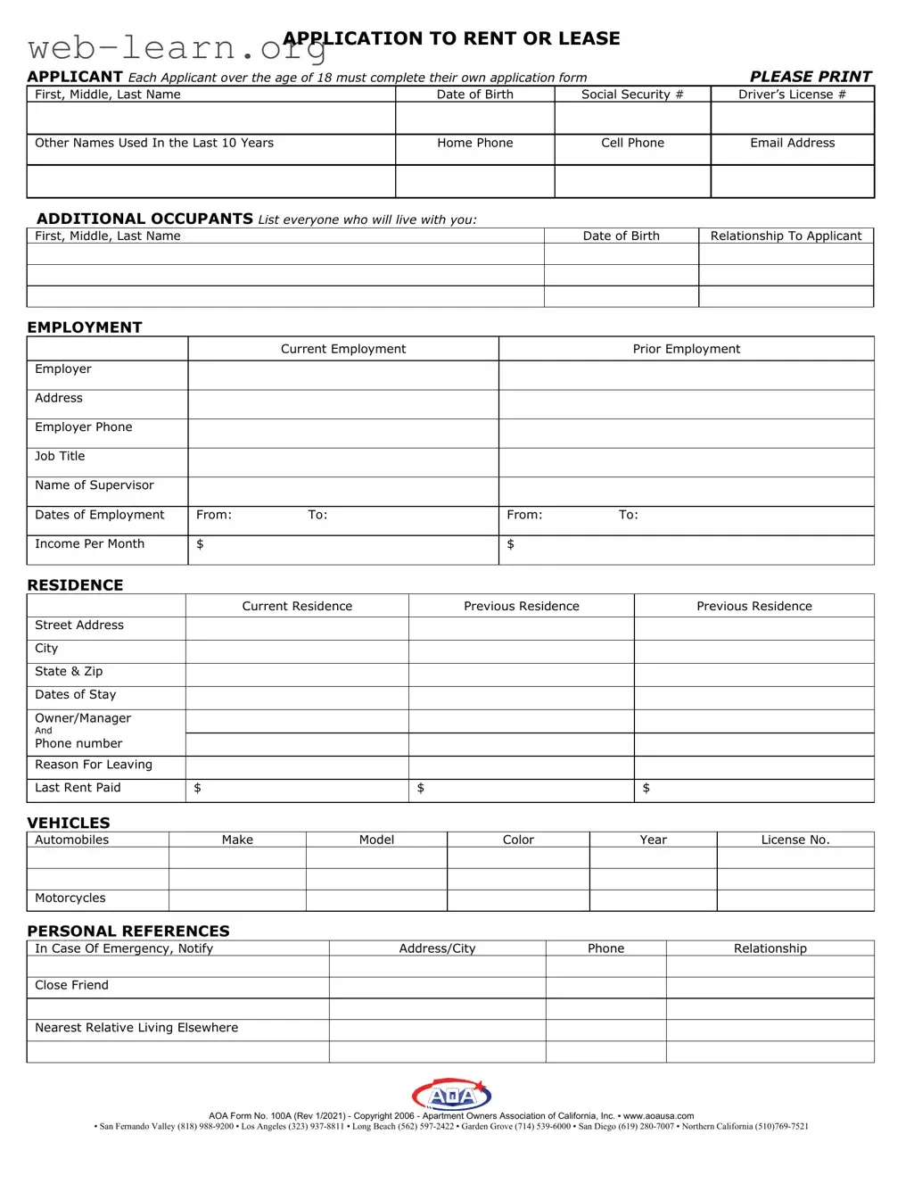 Blank Aoa 100A Form