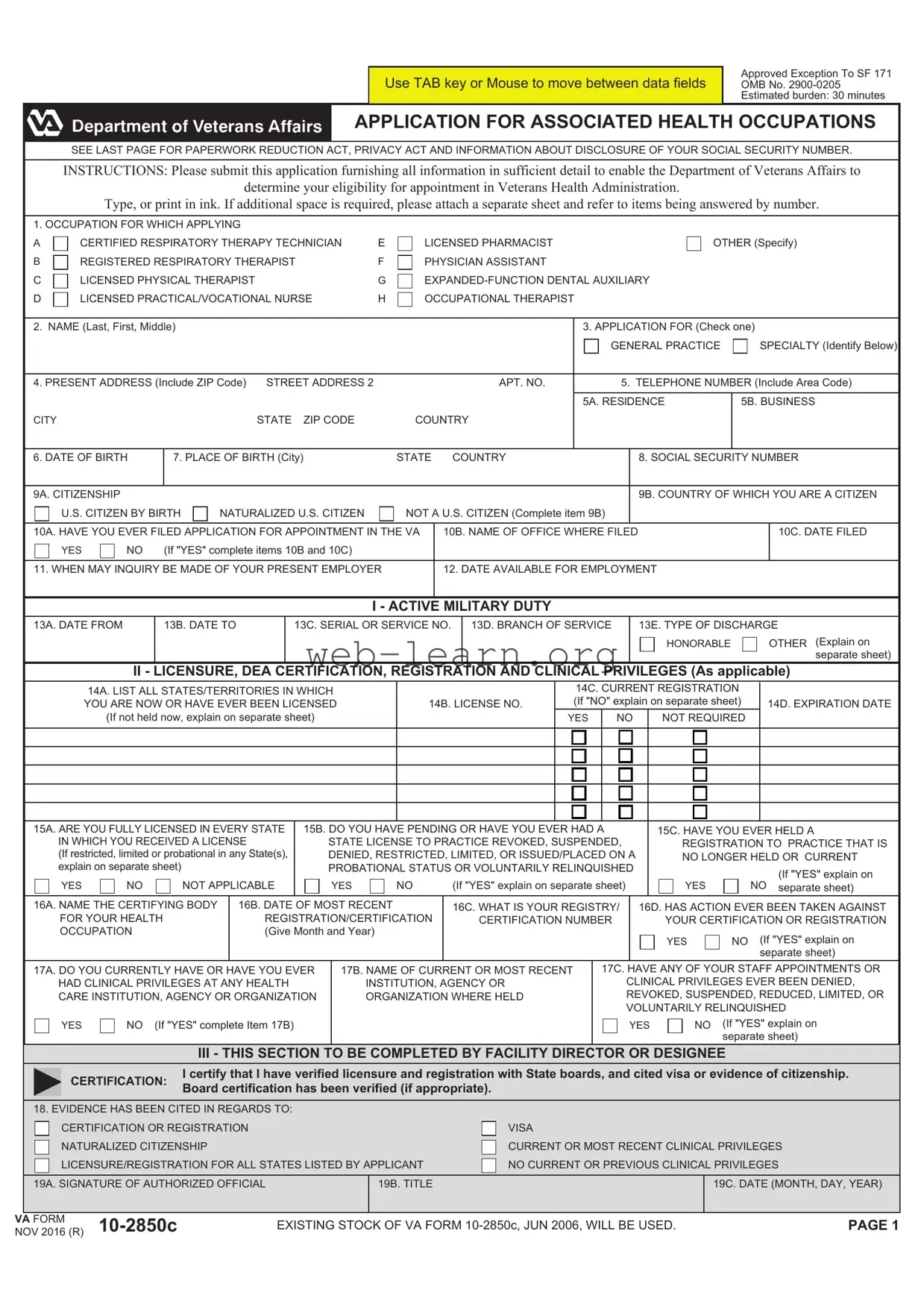 Blank VA 10-2850c Form