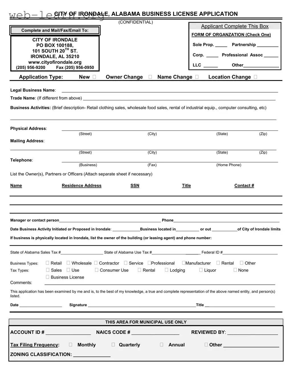 Blank Alabama Business License Application Form