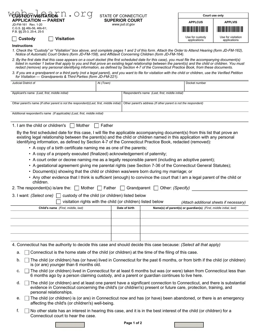 Blank Connecticut Custody Application Form