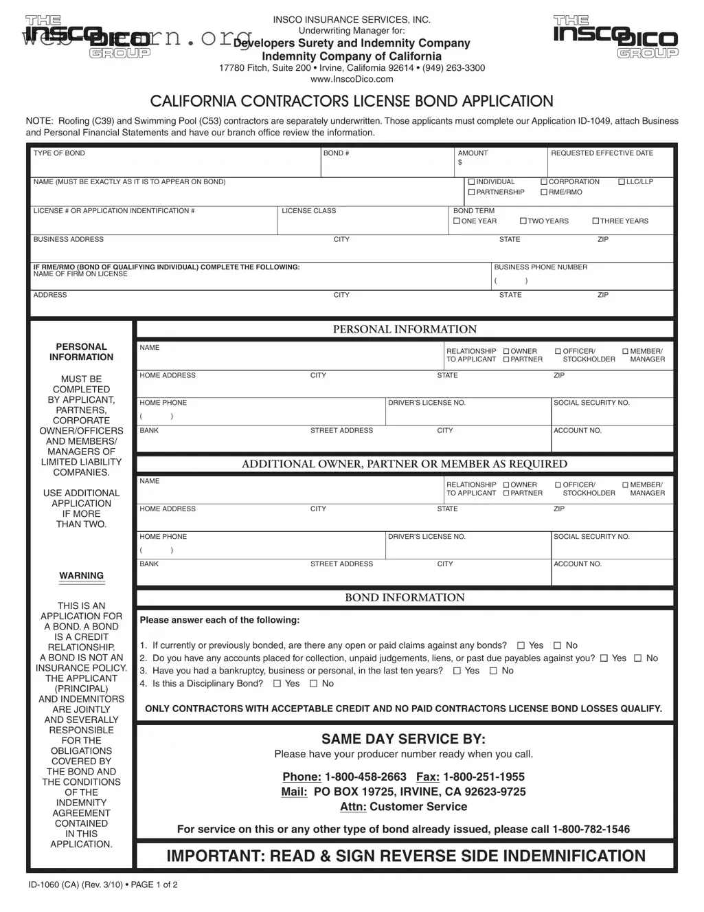 Blank California Id 1060 Form