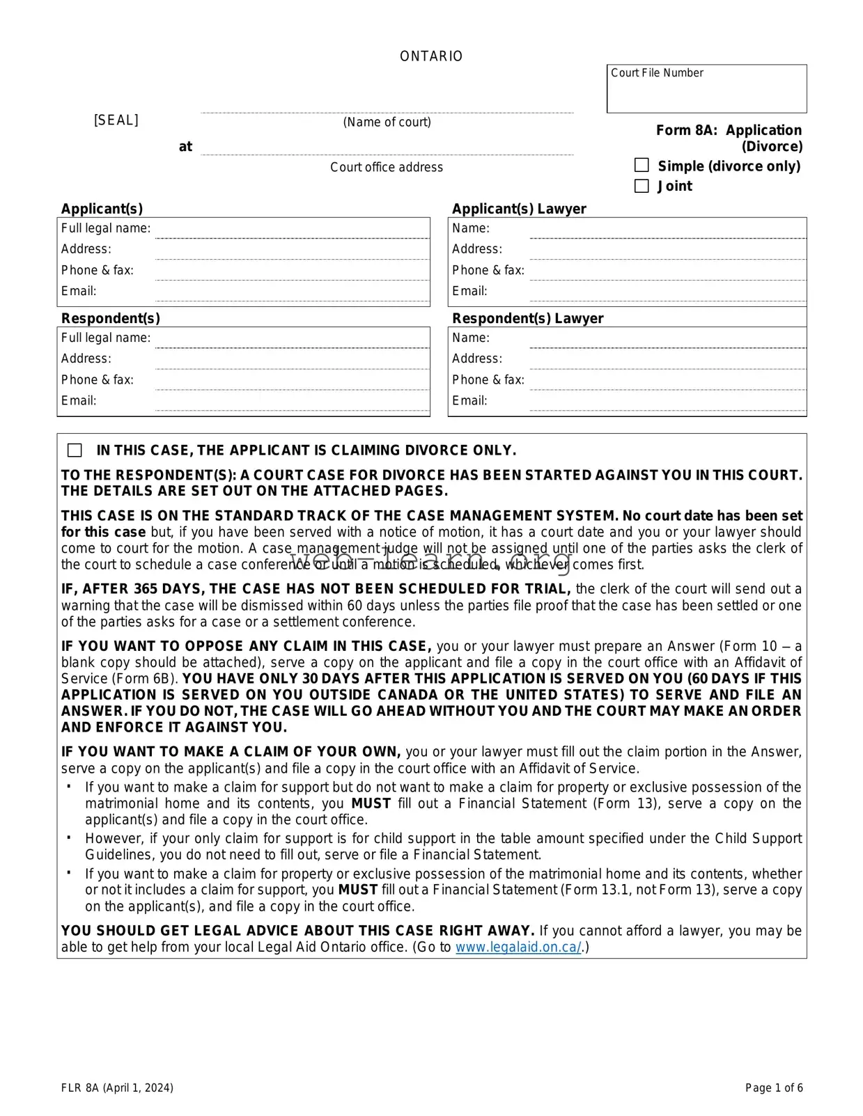Blank Ontario Divorce 8A Form