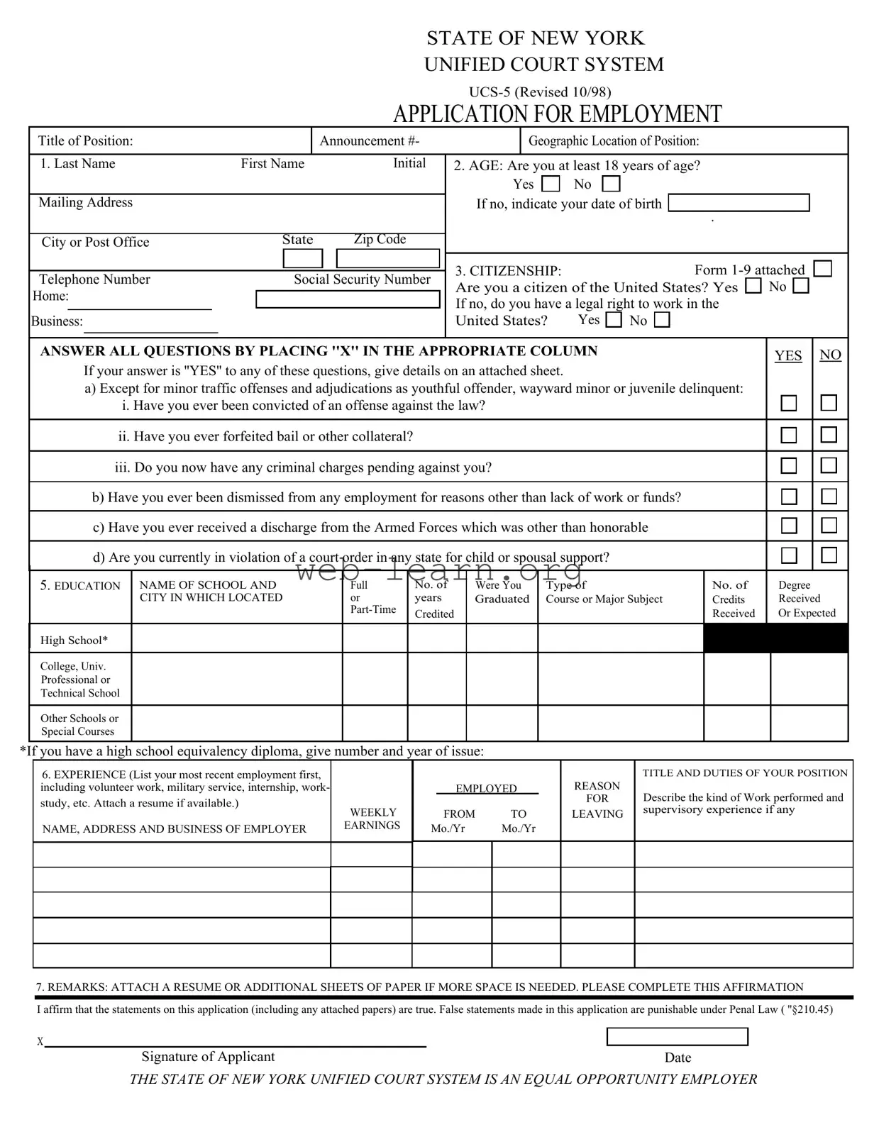 Blank Ucs 5 New York Form