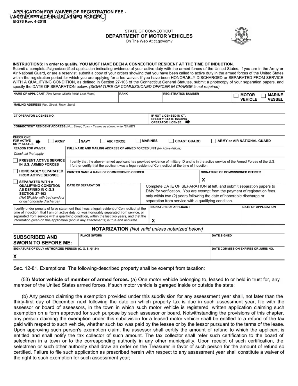 Blank Connecticut B 276 Form