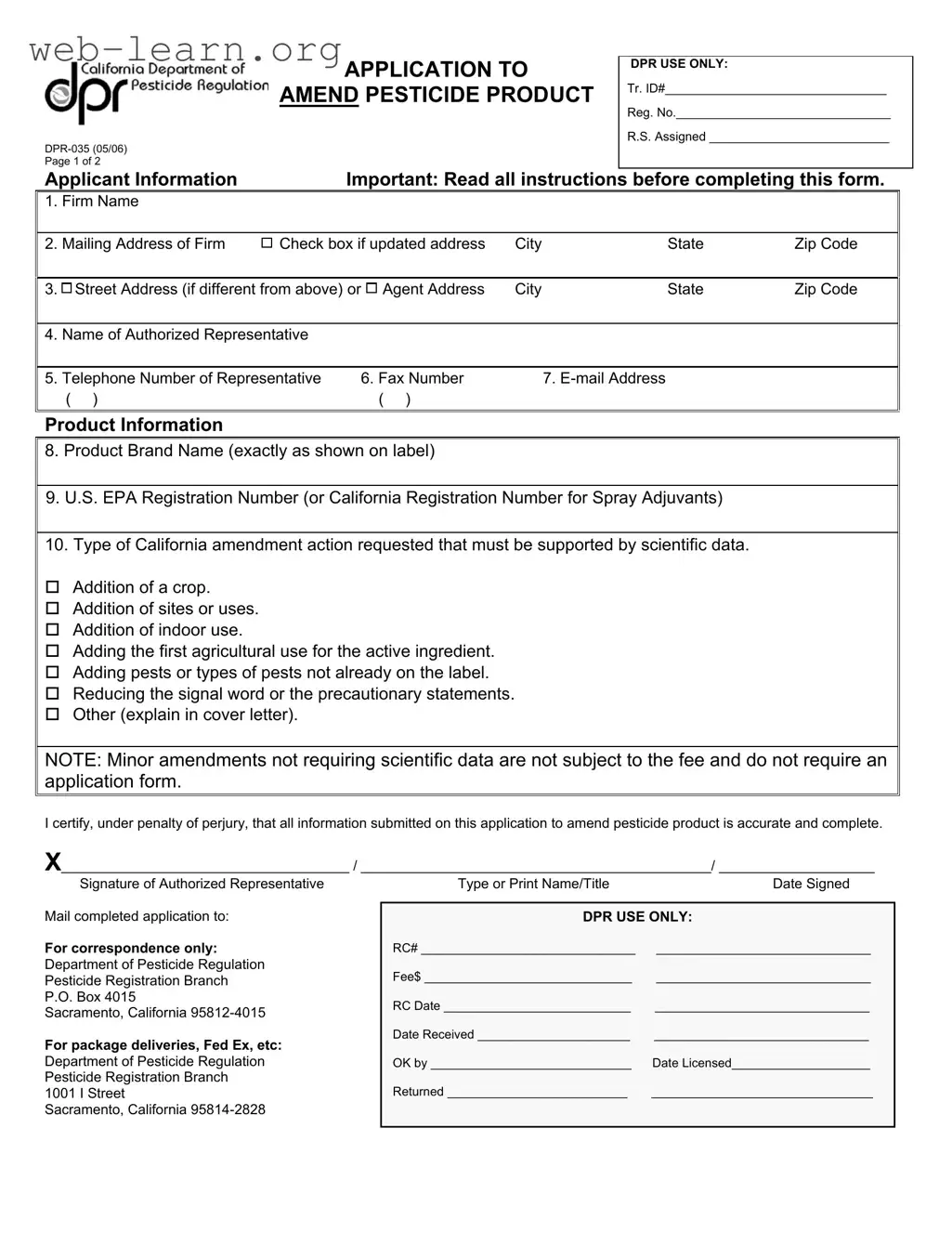 Blank California Dpr 035 Form