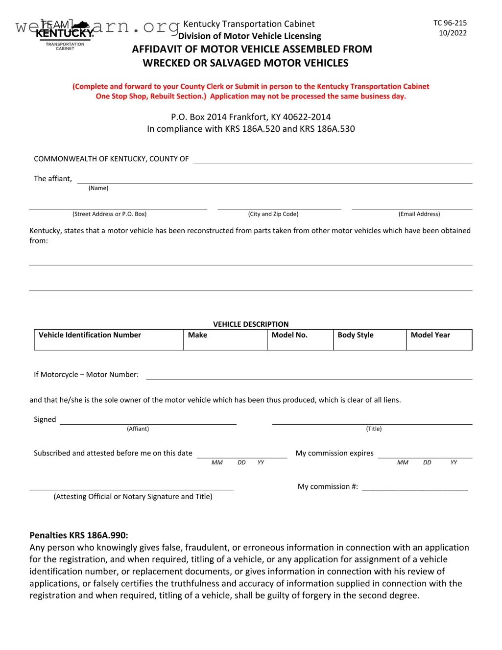 Blank Kentucky Tc 96 215 Form