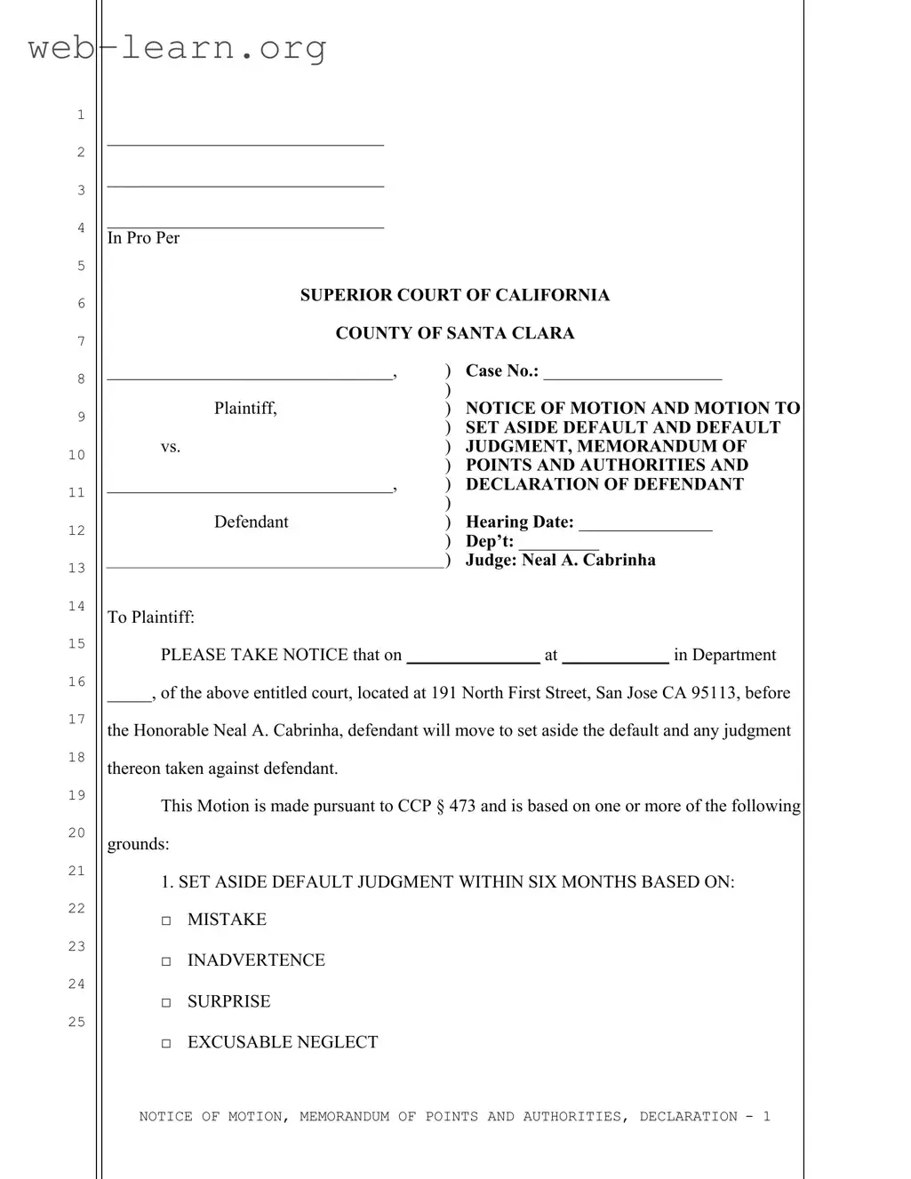 Blank California Motion Set Aside Form