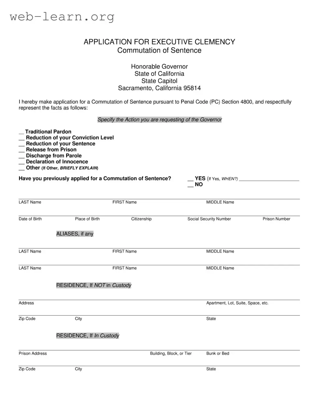 Blank California Executive Clemency Form