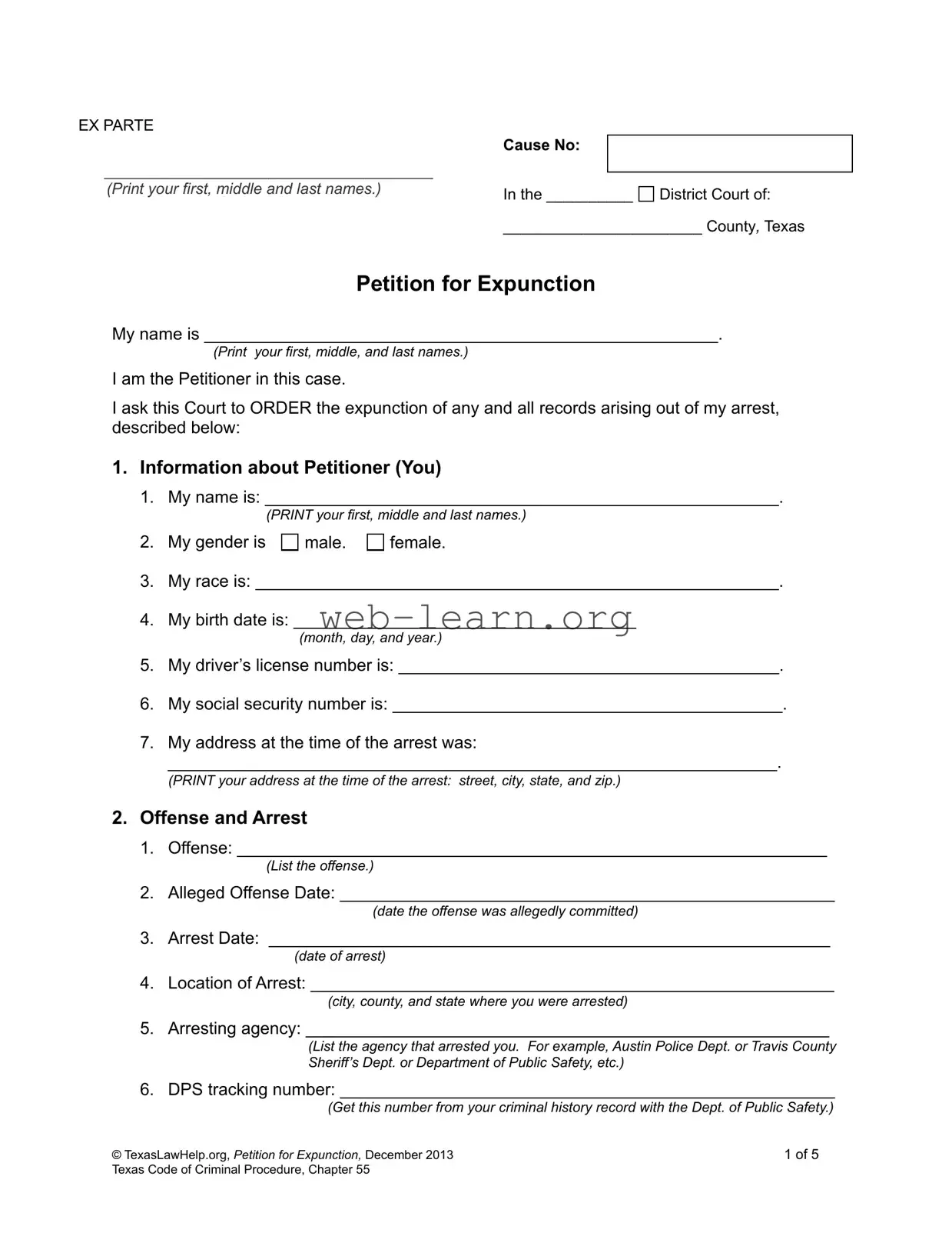 Blank Petition Expunction Texas Form