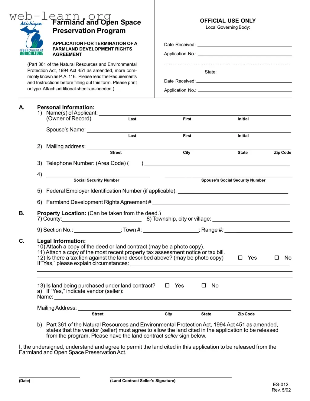 Blank Michigan Es 012 Form