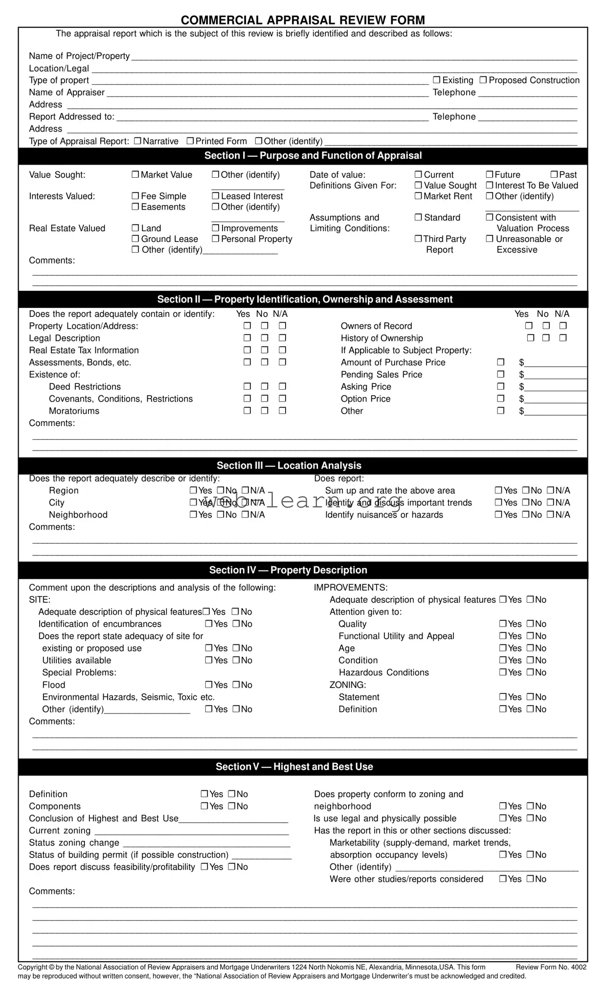 Blank Review Commercial Appraisal Form