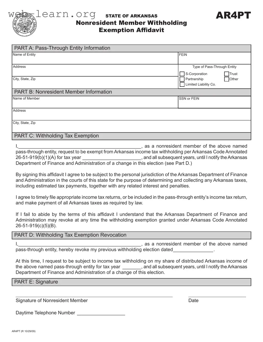 Blank Arkansas Ar4Pt Form