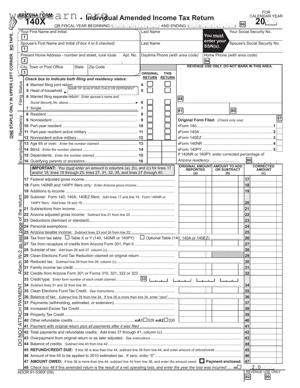 Blank Arizona 140X Form