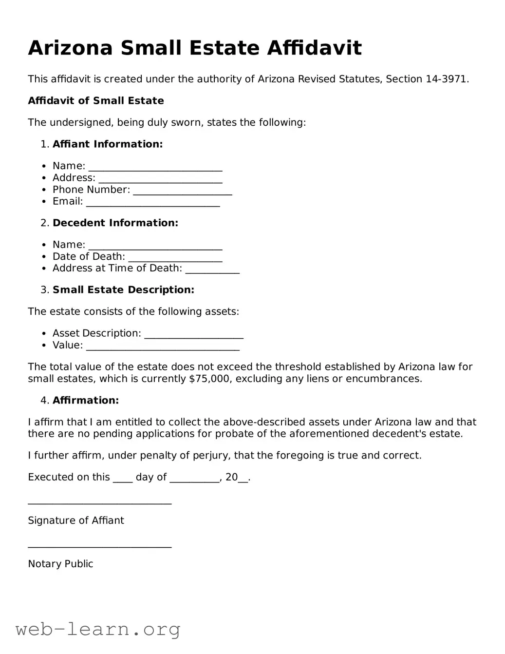 Attorney-Approved Small Estate Affidavit Document for the State of Arizona