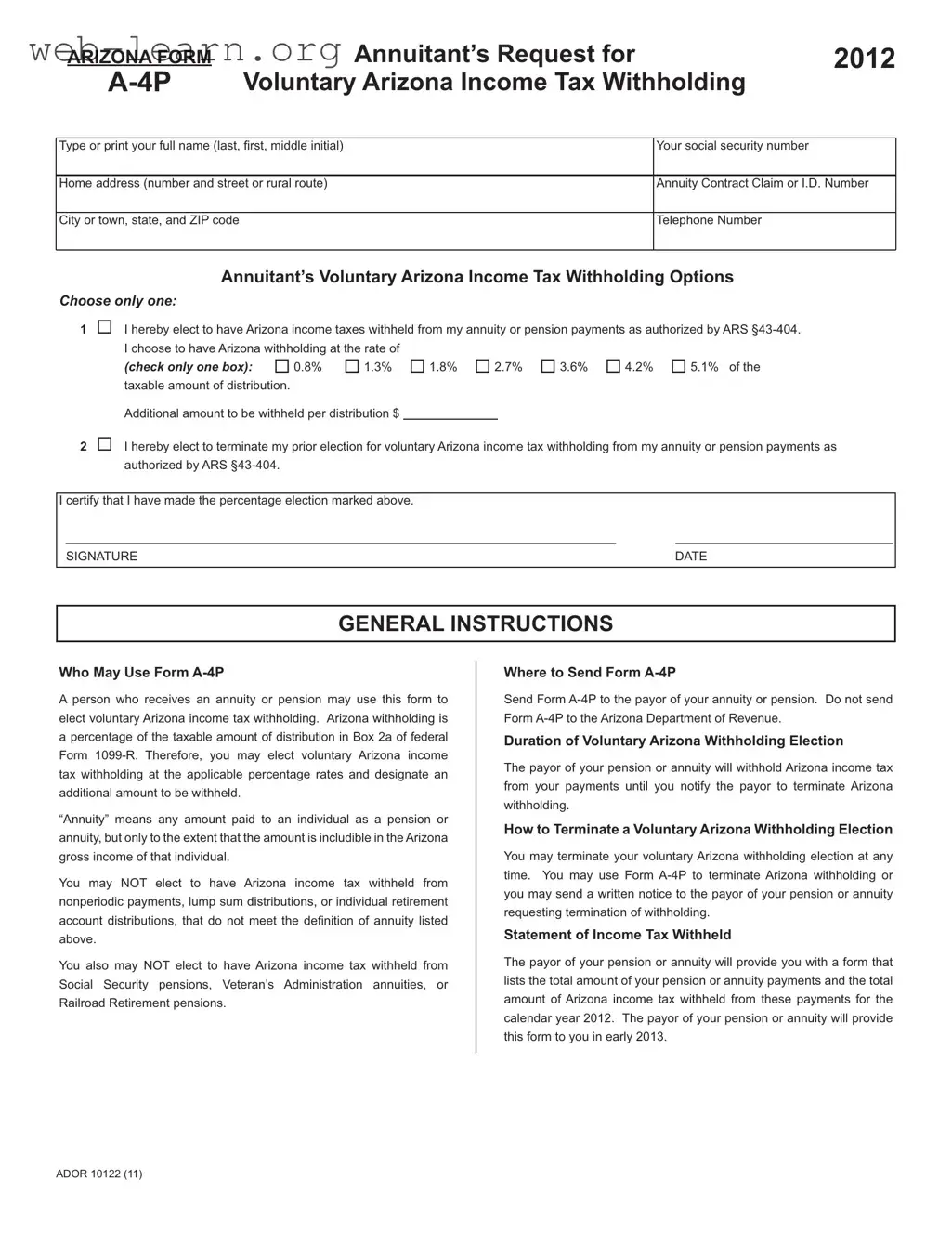 Blank Arizona A 4P Form