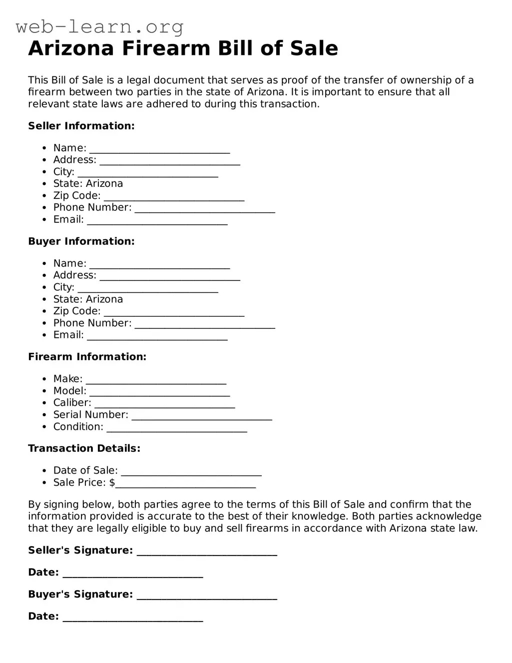 Attorney-Approved Firearm Bill of Sale Document for the State of Arizona