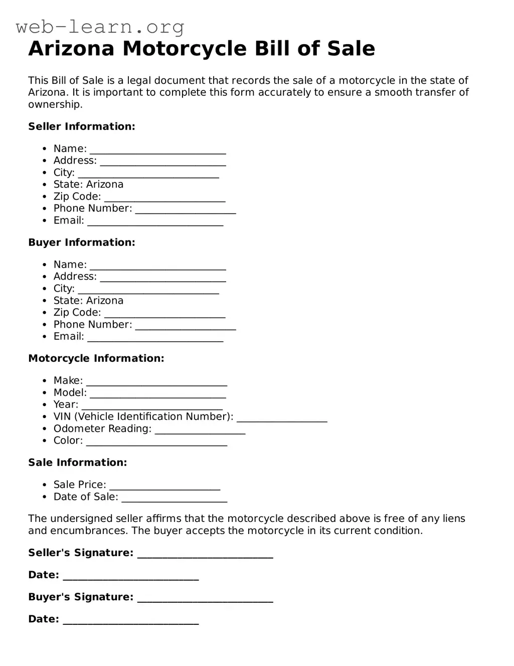 Attorney-Approved Motorcycle Bill of Sale Document for the State of Arizona