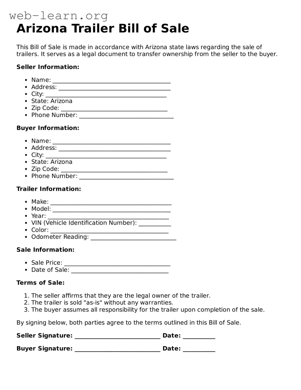 Attorney-Approved Trailer Bill of Sale Document for the State of Arizona