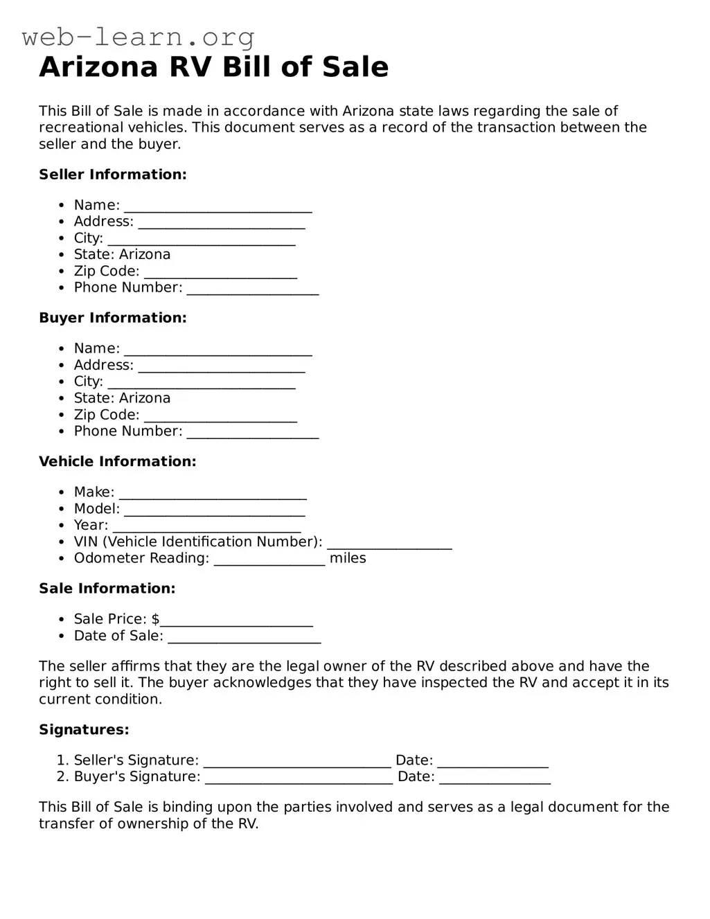 Attorney-Approved RV Bill of Sale Document for the State of Arizona