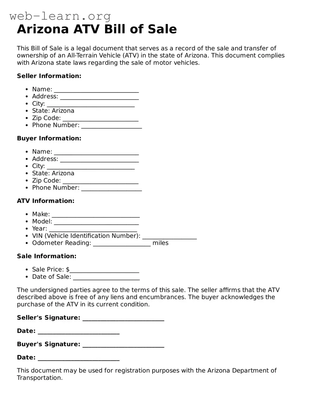 Attorney-Approved ATV Bill of Sale Document for the State of Arizona