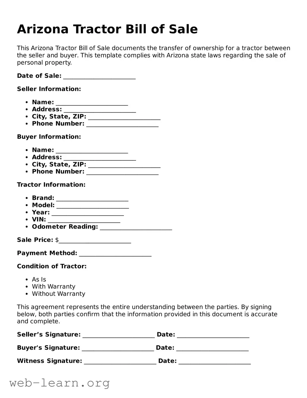 Attorney-Approved Tractor Bill of Sale Document for the State of Arizona