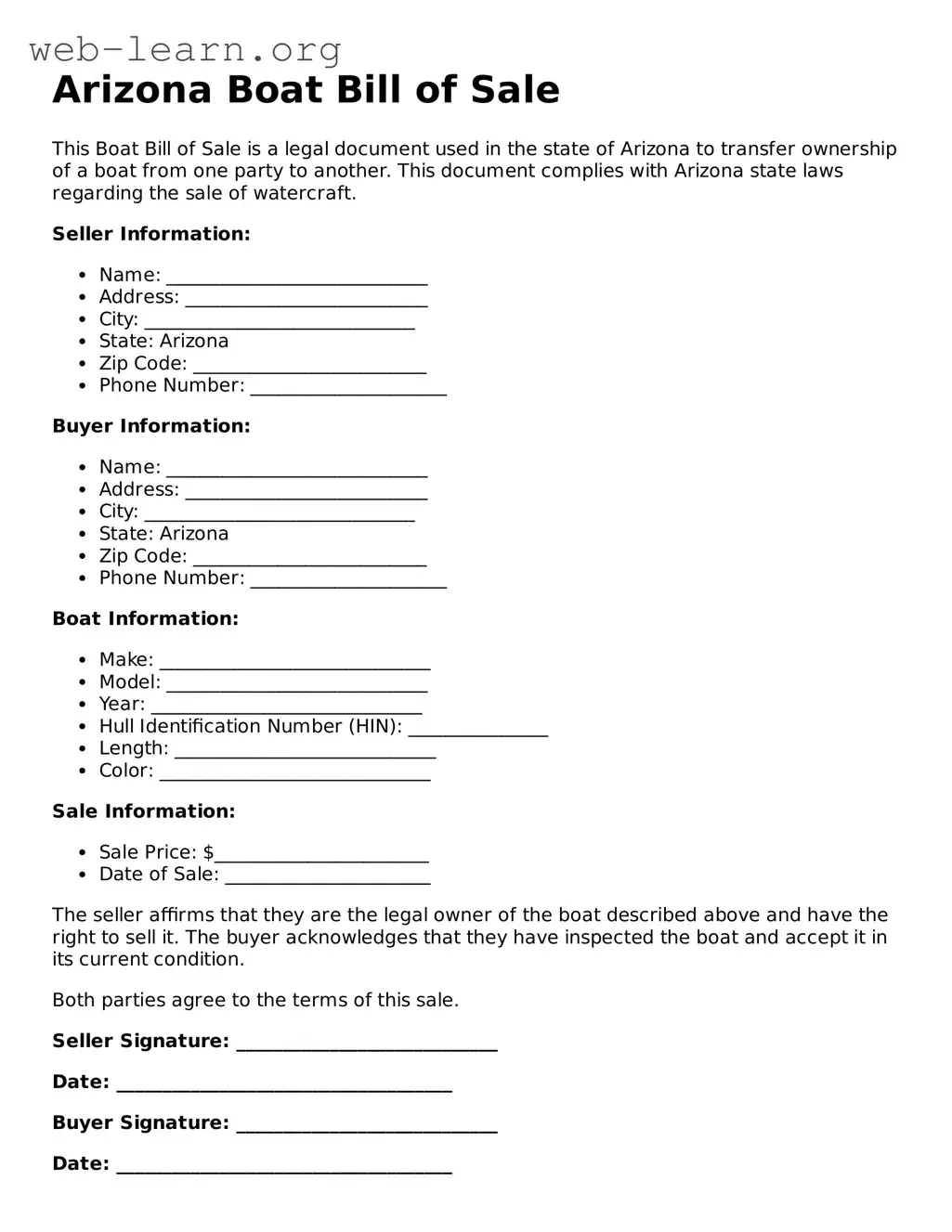 Attorney-Approved Boat Bill of Sale Document for the State of Arizona