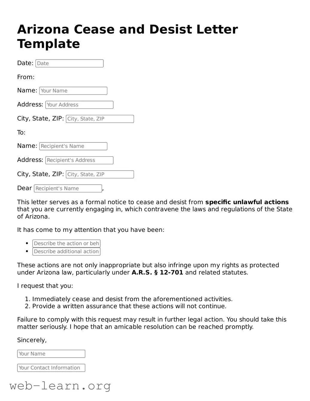 Attorney-Approved Cease and Desist Letter Document for the State of Arizona