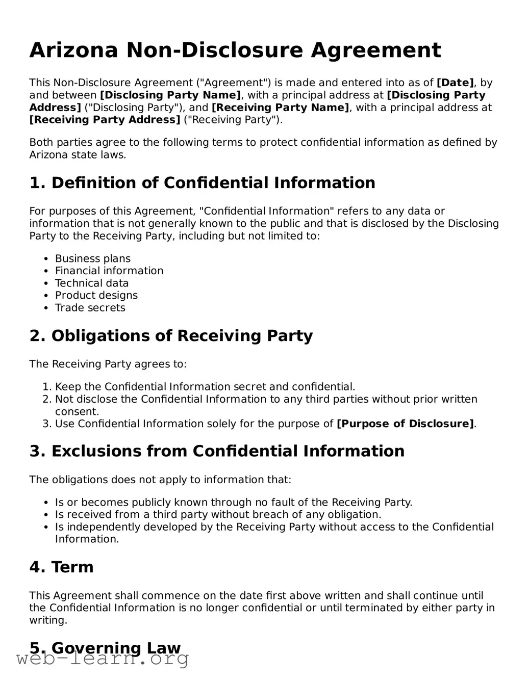 Attorney-Approved Non-disclosure Agreement Document for the State of Arizona