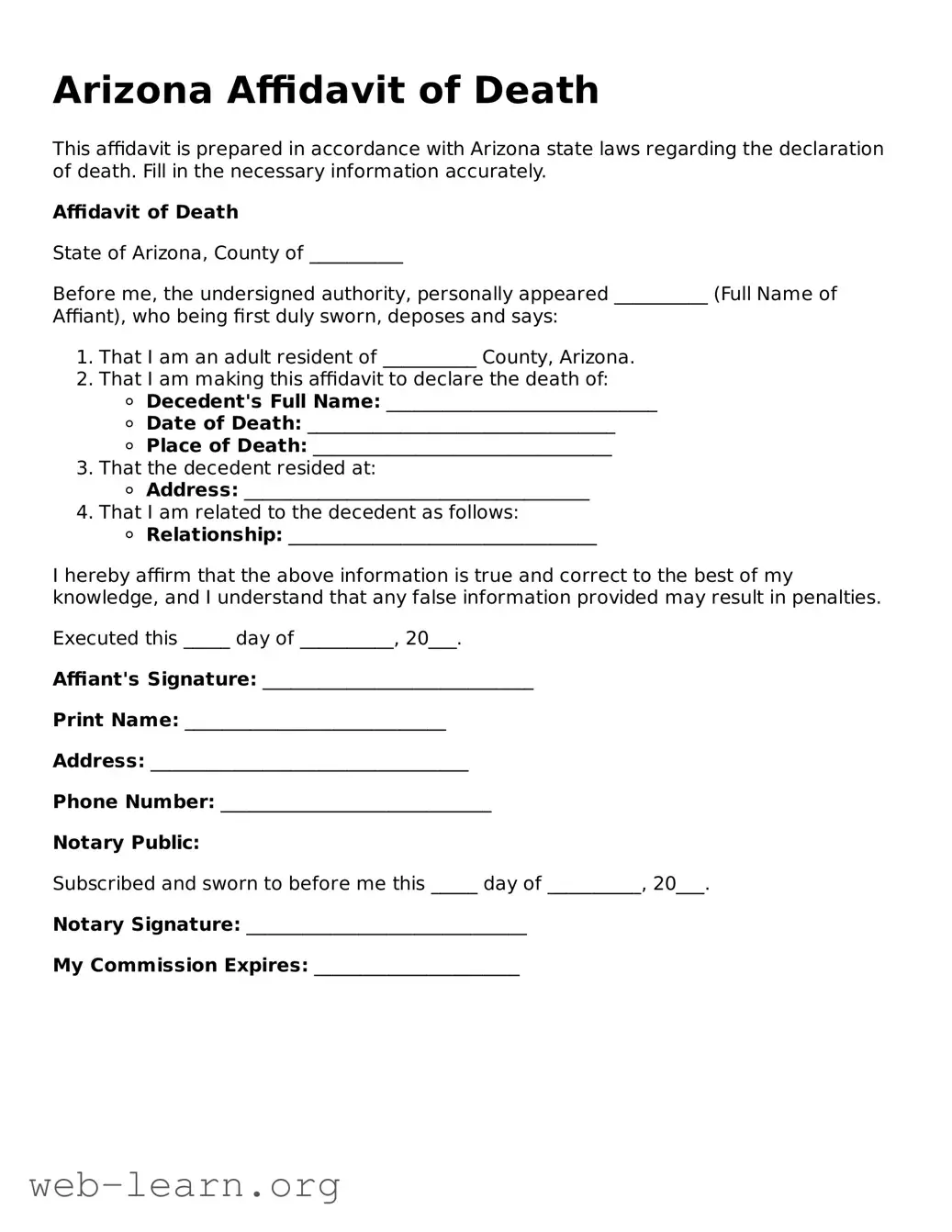 Attorney-Approved Affidavit of Death Document for the State of Arizona