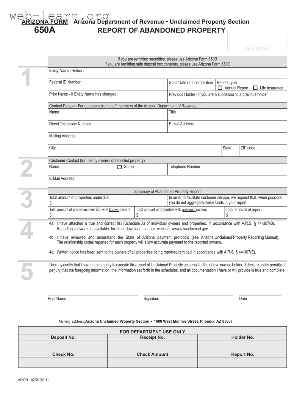Blank Arizona 650A Form