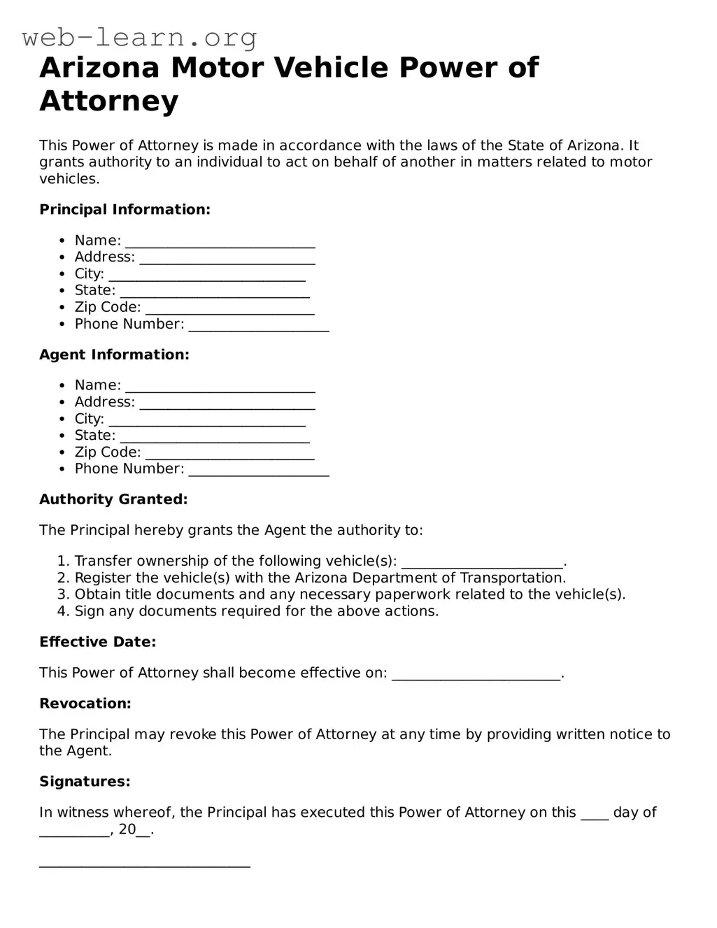 Attorney-Approved Motor Vehicle Power of Attorney Document for the State of Arizona