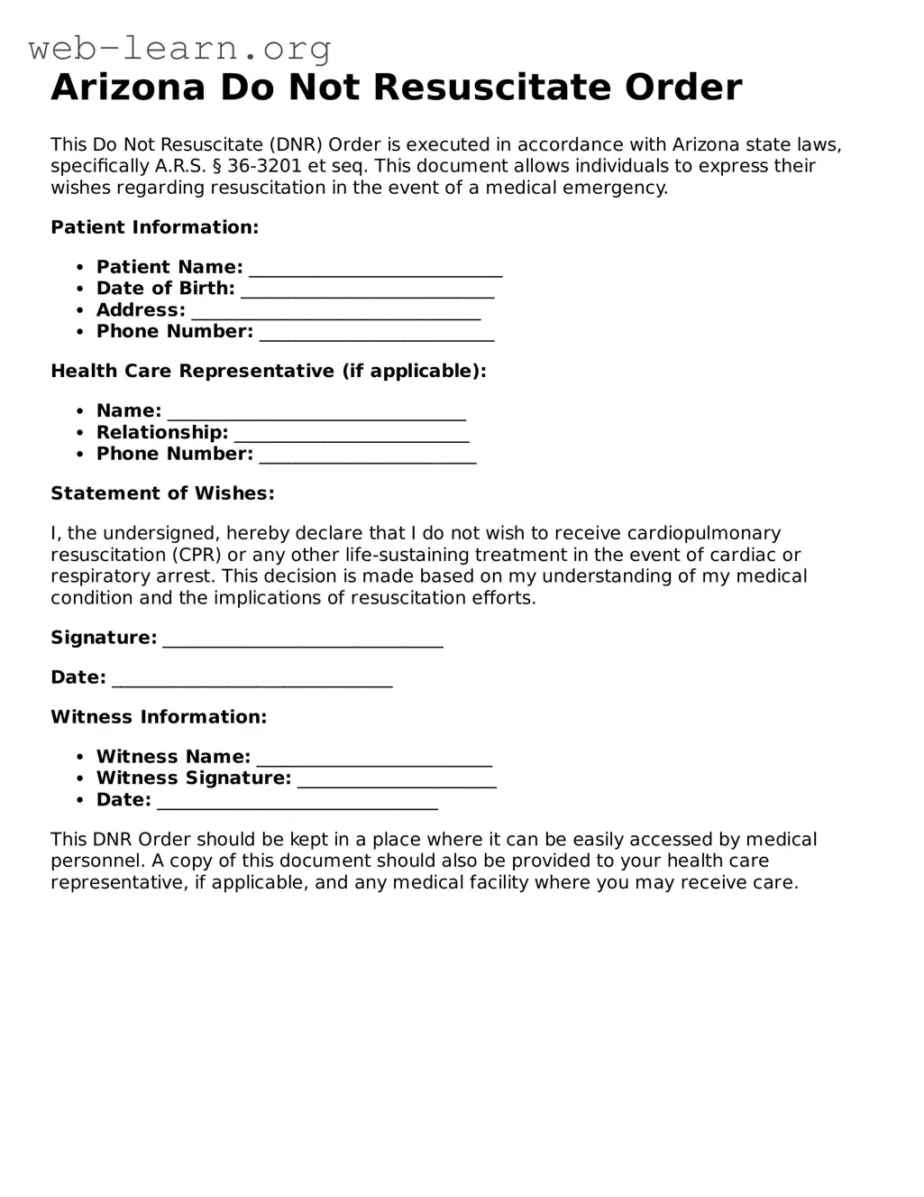 Attorney-Approved Do Not Resuscitate Order Document for the State of Arizona
