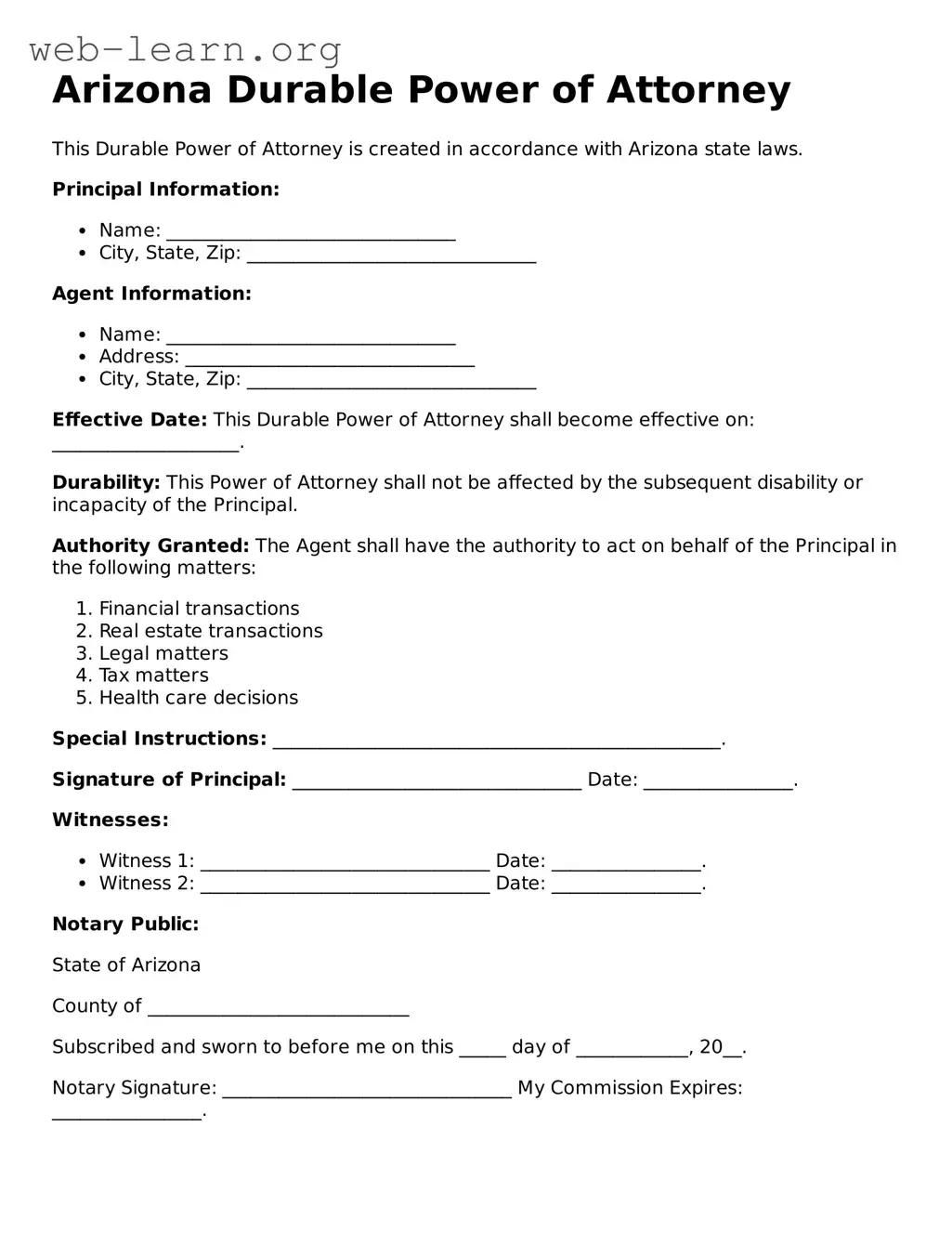 Attorney-Approved Durable Power of Attorney Document for the State of Arizona