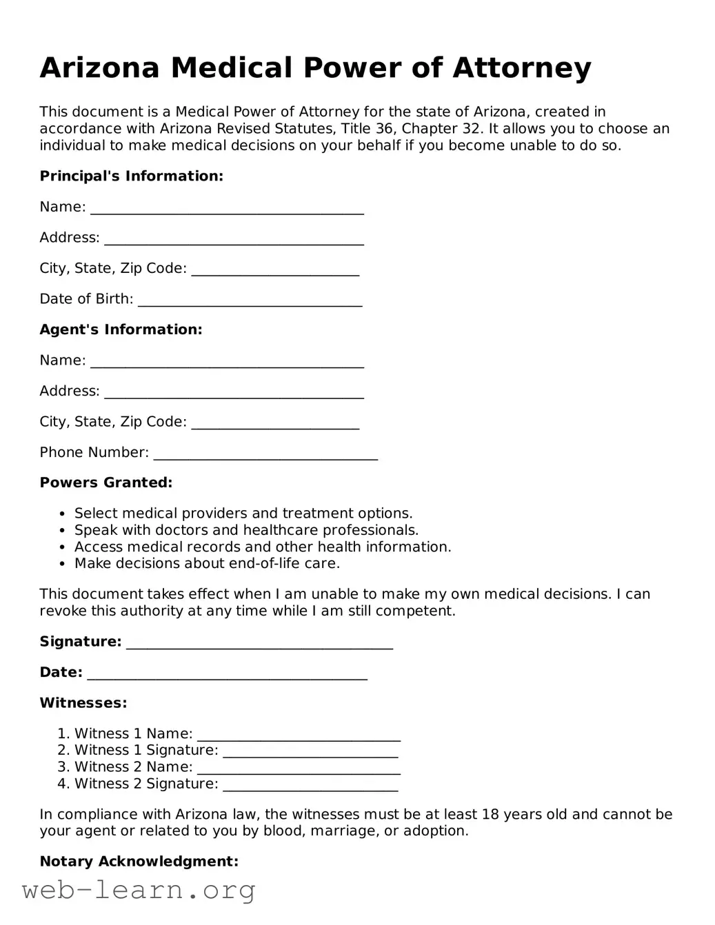 Attorney-Approved Medical Power of Attorney Document for the State of Arizona
