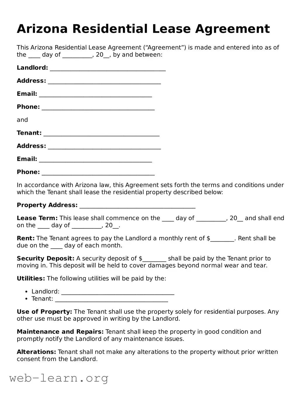 Attorney-Approved Residential Lease Agreement Document for the State of Arizona