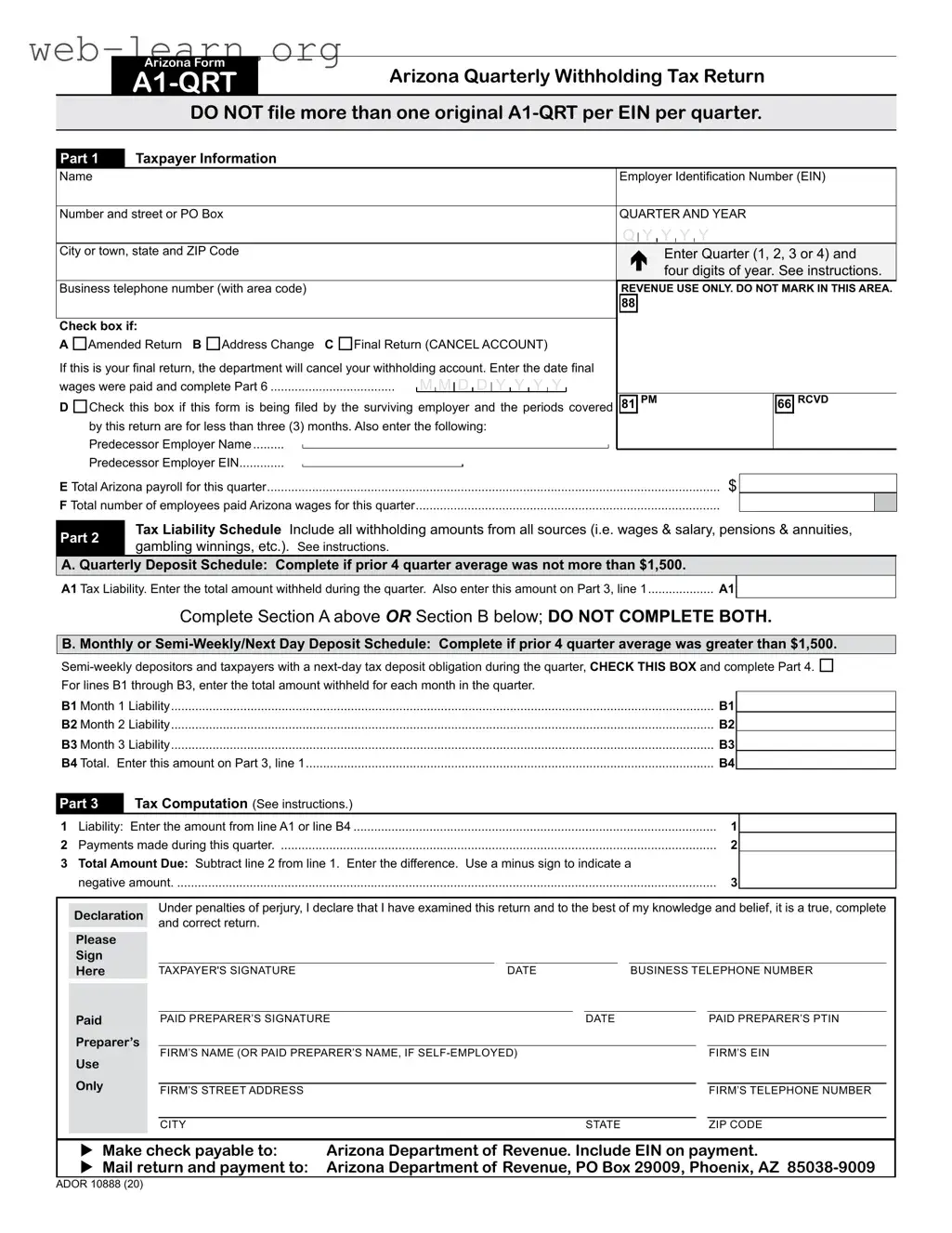 Blank Arizona Tax Return Form