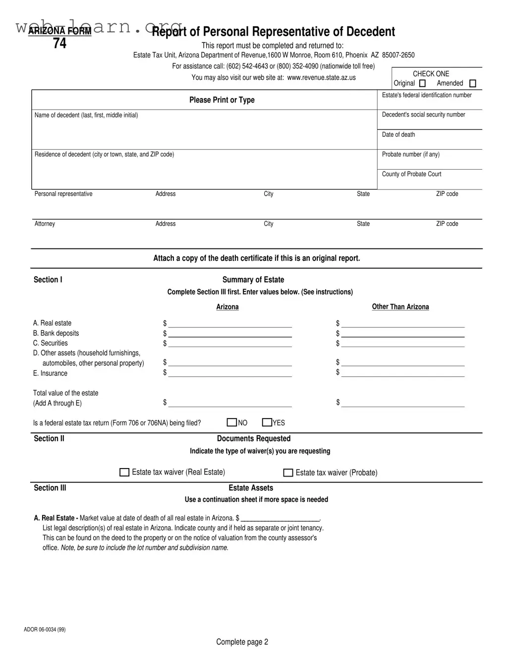Blank Arizona 74 Form